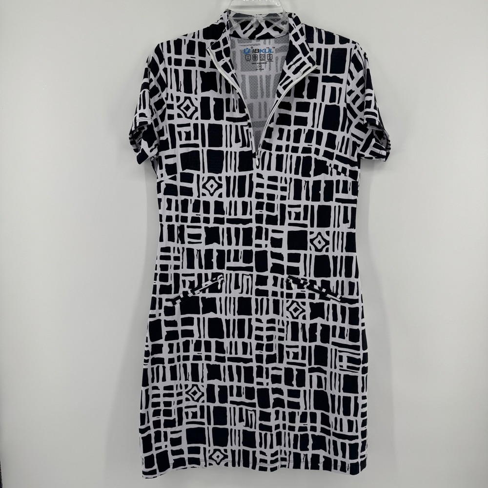 IBKUL Golf Dress Womens Medium Black White Geometric Quarter Zip UPF 50+ Active